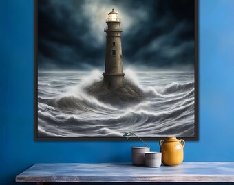 May include: A painting of a lighthouse with a bright light shining from the top, standing on a rocky outcrop in a stormy sea with large waves crashing around it.