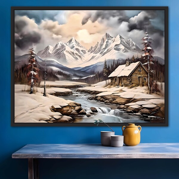 Winter Serenity: Rustic Mountain Retreat  - ai art digital print