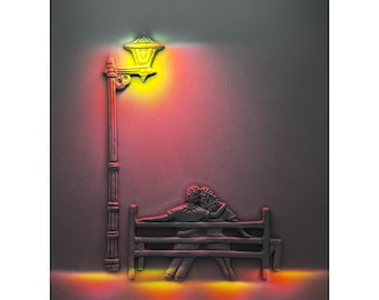Textured Couple Art: 3D Romantic Bench Wall Sculpture