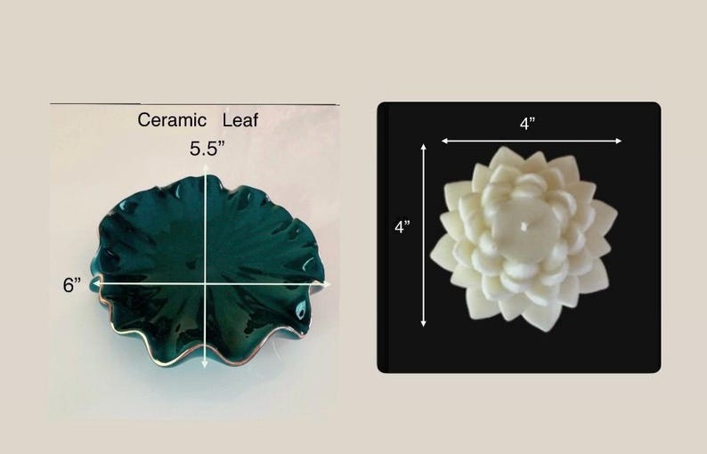 Może przedstawiać: Tealowa ceramiczna miska w kształcie liścia, o średnicy 15 cm i szerokości 14 cm, z białą świecą w kształcie kwiatu lotosu w środku, o średnicy 10 cm.