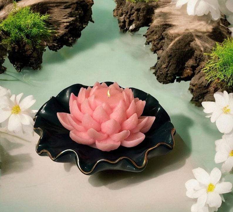 Soy Lotus Blossom Candle: Scented Home Decor Gift pink lotus w/plate