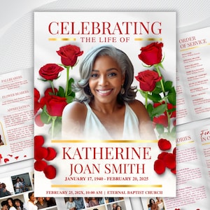 Könnte beinhalten: Eine Trauerprogramm-Vorlage mit dem Porträt einer lächelnden Person mit grauem Haar, umgeben von roten Rosen und Blütenblättern. Der Text lautet Celebrating the Life of Katherine Joan Smith, 17. Januar 1940 - 20. Februar 2025, Eternal Baptist Church.