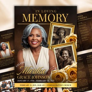 Puede incluir: Una plantilla de programa funerario con el retrato de una mujer de cabello gris, marcos dorados y rosas amarillas. El texto dice In Loving Memory, Celebrating Martha Grace Johnson, January 17, 1940 - February 20, 2025, y Eternal Baptist Church.