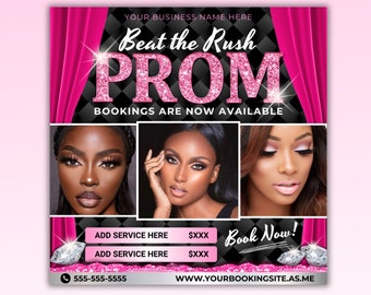 Prom Booking Flyer: MUA, Lash, Nails, Hair (Canva Template)