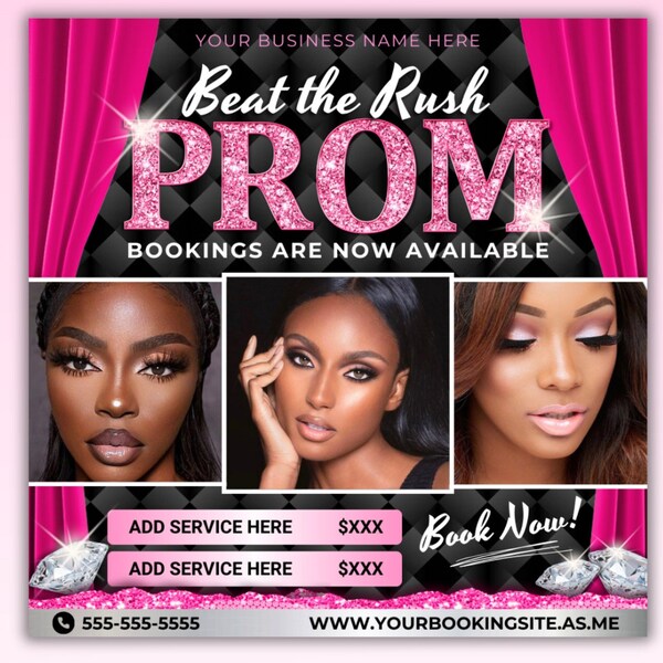 Prom Booking Flyer, Prom Makeup Artist MUA Lash Nails Wig Installs Hair Braids Appointments Flyer, Prom Special Flyer, Prom Books Are Open