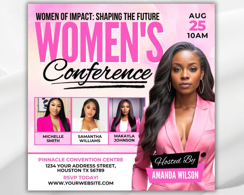 Puede incluir: Un folleto rosa con el texto "Women's Conference" en letras grandes y en negrita. El folleto anuncia una conferencia el 25 de agosto a las 10:00 AM. El folleto tambi&eacute;n incluye los nombres de tres ponentes: Michelle Smith, Samantha Williams y Makayla Johnson. El folleto est&aacute; organizado por Amanda Wilson.