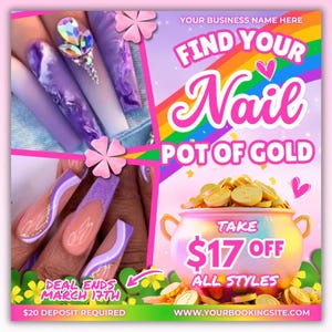 May include: A pink and purple graphic with a rainbow and a pot of gold. The text reads "Find Your Nail Pot of Gold" and "Take £17 Off All Styles". The graphic also includes a picture of two sets of long, purple acrylic nails.
