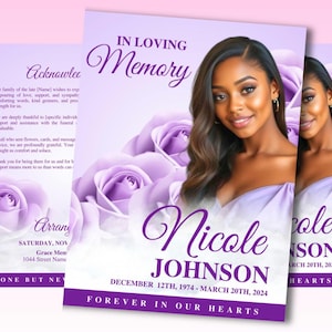 8 Page Purple Roses Lilac Funeral Program, 17&quot; X 11&quot; Obituary Program Template Memorial Program Celebration Of Life Program In Loving Memory