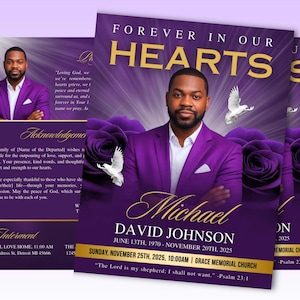 Purple Gold Funeral Program, 8 Page Order of Service Booklet, 17 x 11 Obituary Program Men Women, Celebration of Life, In Loving Memory