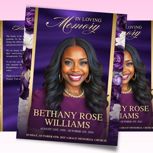 8 Page Purple Funeral Program, 17 x 11 Obituary Program Template for Woman, Memorial Program, Celebration Of Life, In Loving Memory Booklet