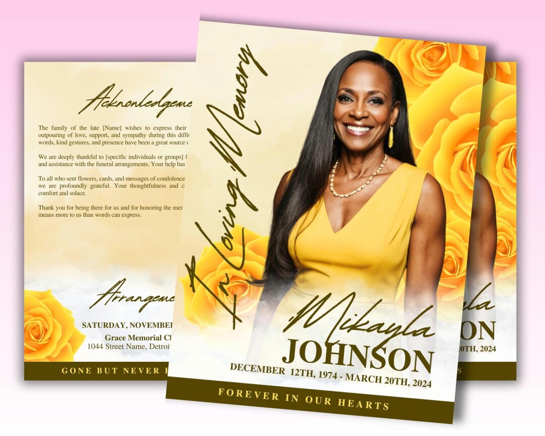Yellow Roses Funeral Vector Yellow Roses Funeral Program Template: 8-page Obituary Booklet (canva ...