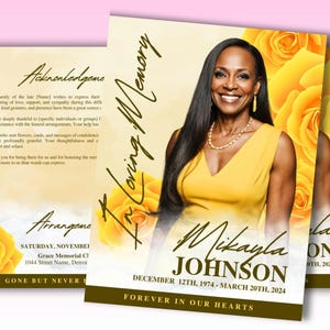 8 Page Yellow Roses Funeral Program, 17&quot; X 11&quot; Obituary Program Template, Memorial Program, Celebration Of Life Program, In Loving Memory