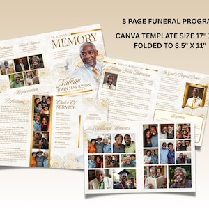 May include: A funeral program template in cream and gold. The design includes photos, text, and the words "IN LOVING MEMORY". The template size is 43.18cm x 27.94cm, folded to 21.59cm x 27.94cm.