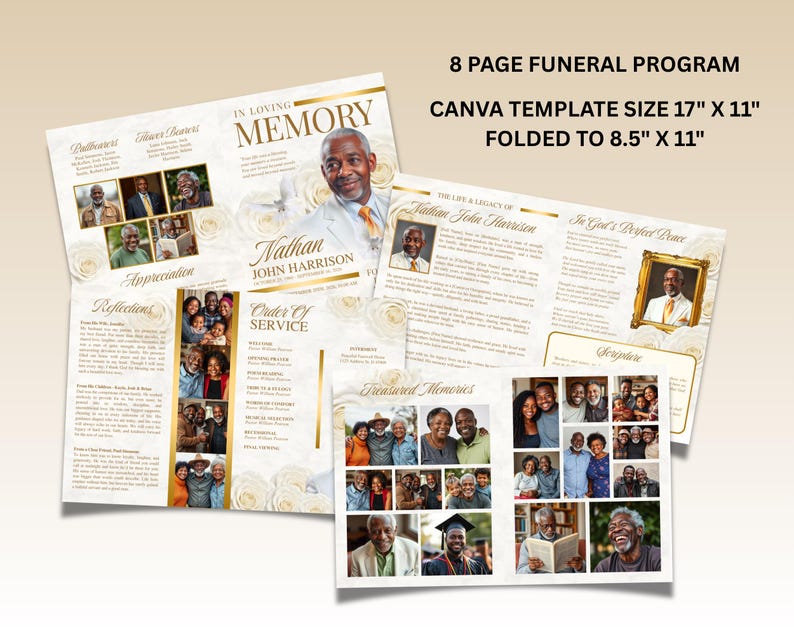 May include: A funeral program template in cream and gold. The design includes photos, text, and the words "IN LOVING MEMORY". The template size is 43.18cm x 27.94cm, folded to 21.59cm x 27.94cm.