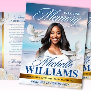 Blue Sky White Rose Funeral Program, 8 Page  17&quot; X 11&quot; Obituary Program Template, Memorial Program, Celebration Of Life, In Loving Memory