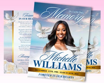 May include: A memorial card with a photo of a woman, white doves, and white roses. The text reads "In Loving Memory Michelle Williams December 12th, 1980 - March 20th, 2024 Forever In Our Hearts".