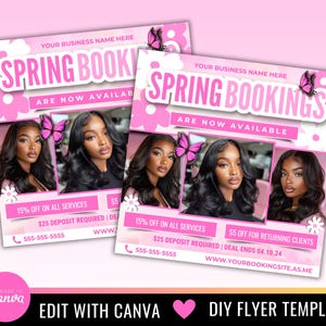 Puede incluir: Folleto rosa con un dise&ntilde;o floral y el texto "Spring Bookings Are Now Available". Incluye un n&uacute;mero de tel&eacute;fono, una direcci&oacute;n de sitio web y detalles sobre un descuento del 15% en todos los servicios y un dep&oacute;sito de 25 &euro; requerido.