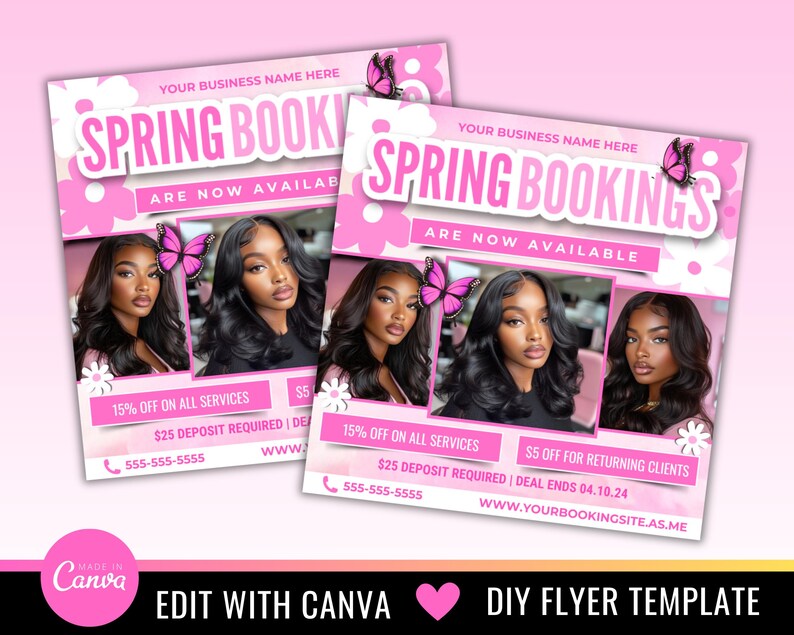 Puede incluir: Folleto rosa con un dise&ntilde;o floral y el texto "Spring Bookings Are Now Available". Incluye un n&uacute;mero de tel&eacute;fono, una direcci&oacute;n de sitio web y detalles sobre un descuento del 15% en todos los servicios y un dep&oacute;sito de 25 &euro; requerido.