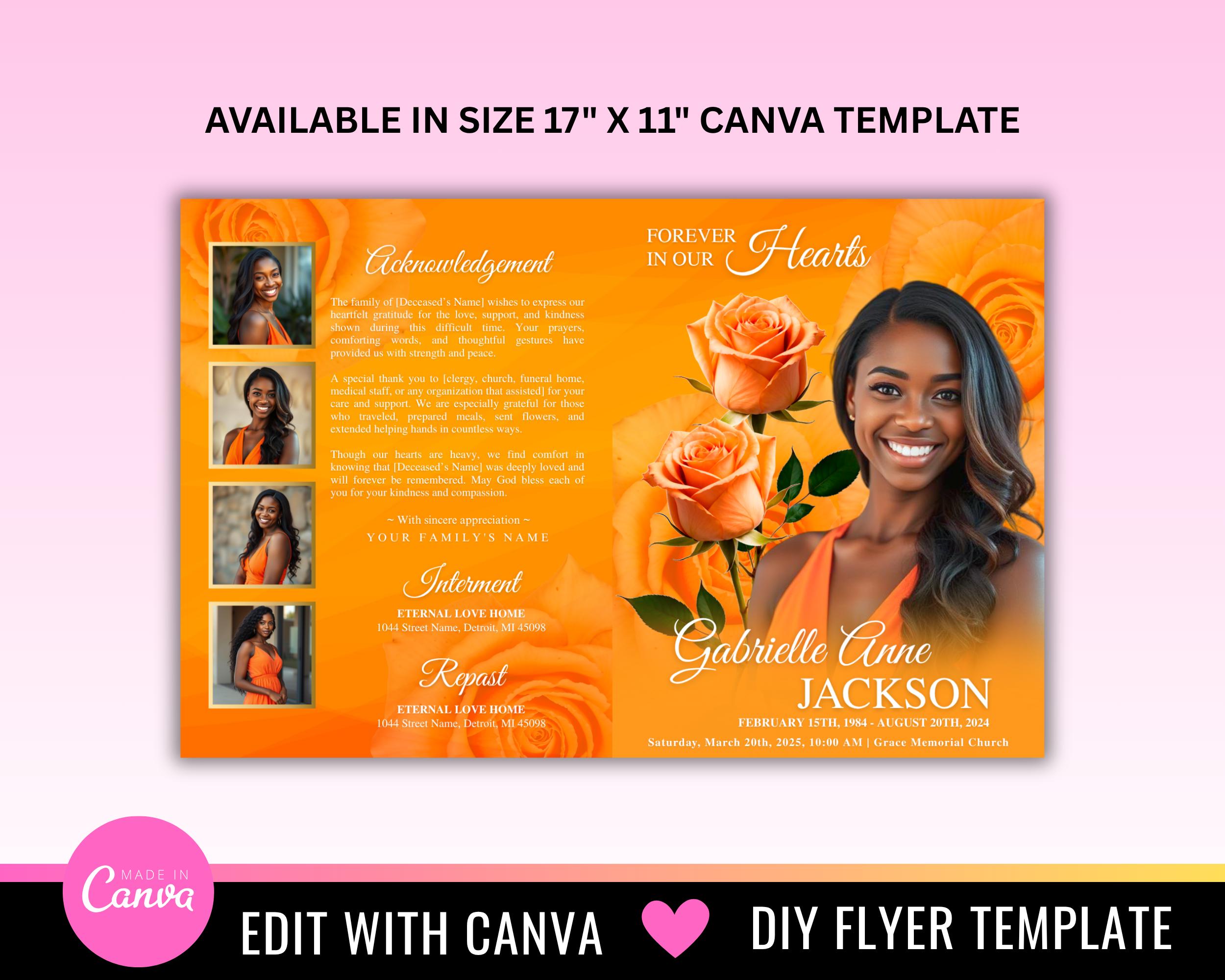 Orange Floral Funeral Program Template, Memorial Bifold (canva) Etsy