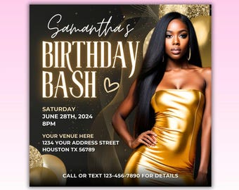Puede incluir: Una invitación a una fiesta de cumpleaños negra y dorada con una mujer con un vestido dorado. La invitación dice "Samantha's Birthday Bash" e incluye la fecha, la hora y la ubicación de la fiesta.