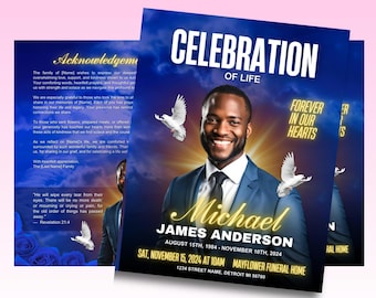 Blue Roses Funeral Program Template: 8-Page Memorial Order of Service (Canva Template)
