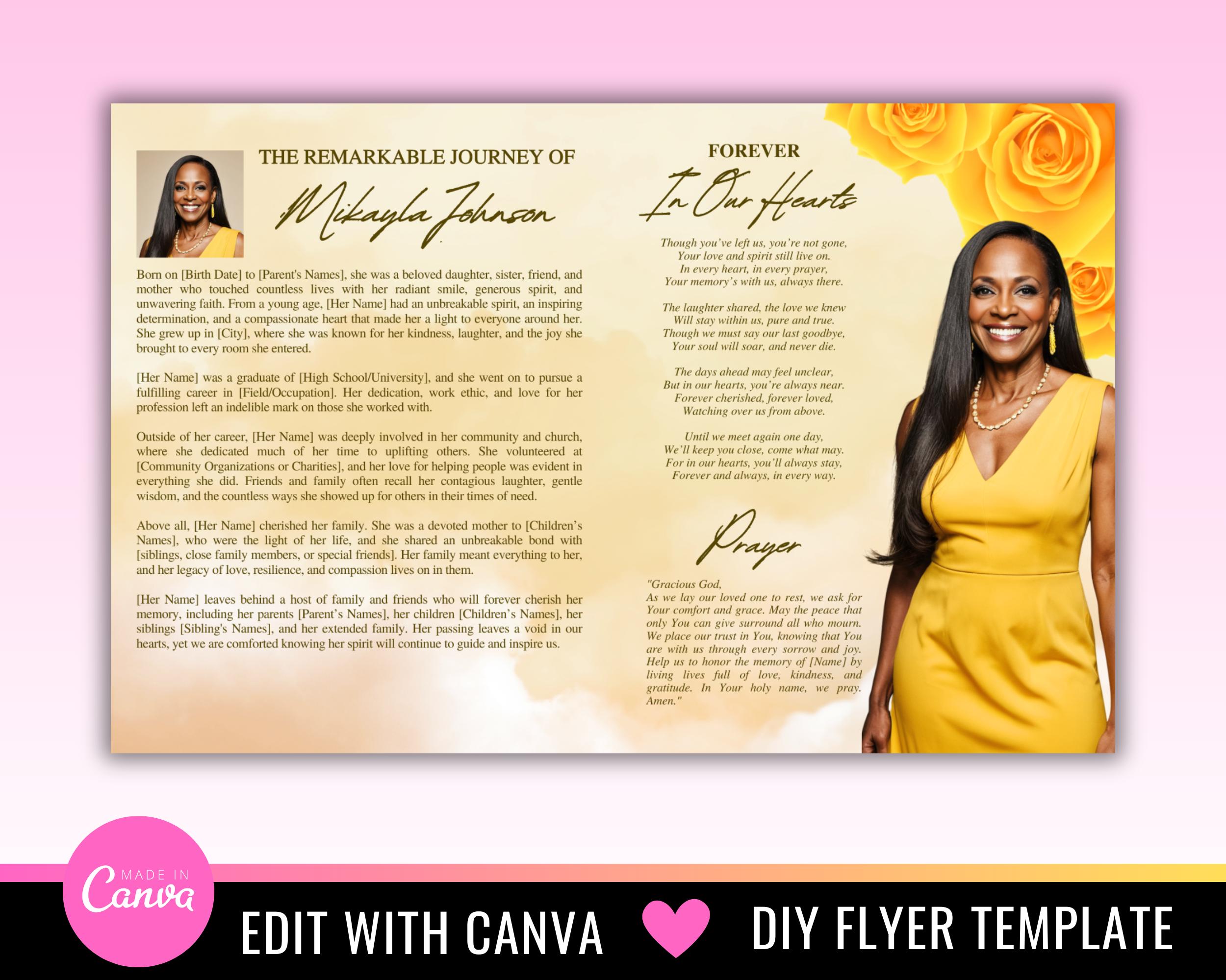 Yellow Roses Funeral Vector Yellow Roses Funeral Program Template: 8-page Obituary Booklet (canva ...