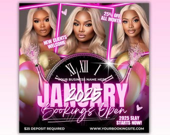 January Booking Flyer, January Books Open, New Year Booking Flyer, January Appointments, 2025 Hair Braids Lash Nail Makeup Wig Install MUA