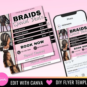 Pu&ograve; includere: Un volantino rosa e nero con accenti glitter che pubblicizza stili di trecce e prezzi. Il volantino include il testo "Braids Special Deals" e un numero di telefono per prenotare un appuntamento. Il volantino include anche il testo "Deposit Required" e un indirizzo del sito web.