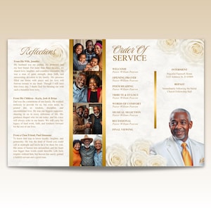 May include: A tri-fold memorial service program with a cream background and gold accents. The program features photos of a family and the text "Reflections" and "Order of Service". A portrait of a man in a suit is on the right panel.