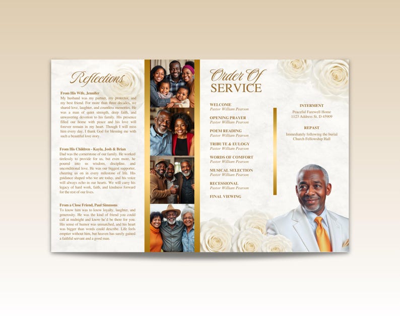 May include: A tri-fold memorial service program with a cream background and gold accents. The program features photos of a family and the text "Reflections" and "Order of Service". A portrait of a man in a suit is on the right panel.