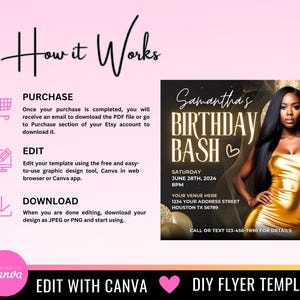 May include: A pink and black flyer template for a birthday party. The flyer features a woman with long black hair wearing a gold dress. The text on the flyer reads "Samantha's Birthday Bash".