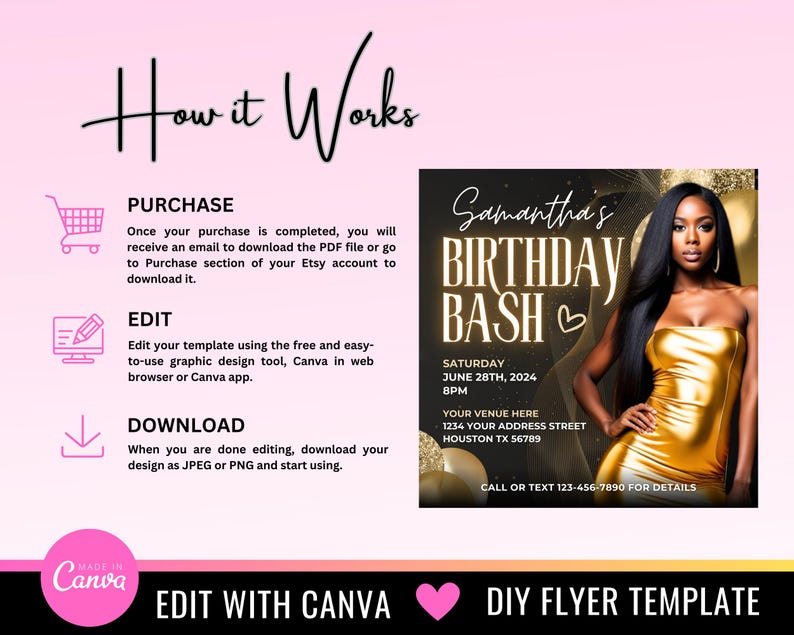 May include: A pink and black flyer template for a birthday party. The flyer features a woman with long black hair wearing a gold dress. The text on the flyer reads "Samantha's Birthday Bash".