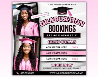 Graduation Booking Flyer, Graduation Special Flyer,  Graduation Deals, Grad Promotion Prom Homecoming Hair Braids Makeup Nails Wigs Lash MUA