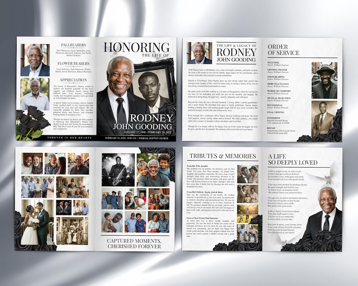 Black & White Funeral Program Template, Minimalist 8 Page Memorial