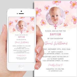 Plantilla de invitación electrónica de bautismo floral rosa para teléfono, invitación digital editable, bautizo Evite, día de nombramiento de niñas Evite