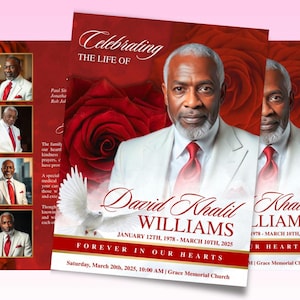 Puede incluir: Un juego de tarjetas conmemorativas con un retrato de un hombre con traje blanco y corbata roja. Las tarjetas incluyen el texto "Celebrando la vida de David Khalil Williams" con fechas y "Por siempre en nuestros corazones."