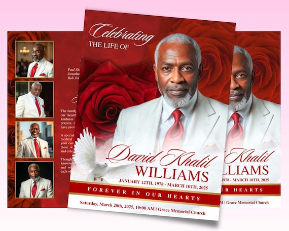 Red Roses Funeral Program Template: Elegant Memorial Obituary (Canva, 8 Pages, Digital Download)