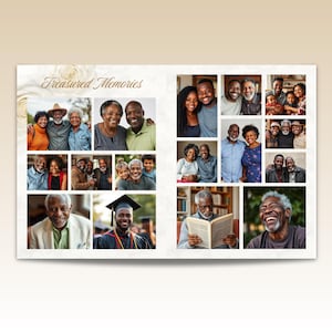May include: A double-page spread of a photo album with the words "Treasured Memories" in gold script. The album contains a collage of family photos, featuring various generations and individuals in a variety of settings.