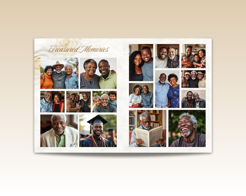 May include: A double-page spread of a photo album with the words "Treasured Memories" in gold script. The album contains a collage of family photos, featuring various generations and individuals in a variety of settings.