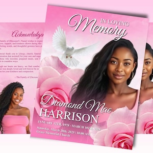 8 Page Pink Roses Funeral Program, 17&quot; X 11&quot; Obituary Program Template Women, Memorial Program, Celebration Of Life Program In Loving Memory