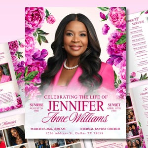 May include: A memorial service program with a portrait of a woman in a pink suit, surrounded by pink and purple floral accents. The text reads "Celebrating the Life of Jennifer Anne Williams" with dates and location details. Additional pages include photos and text.