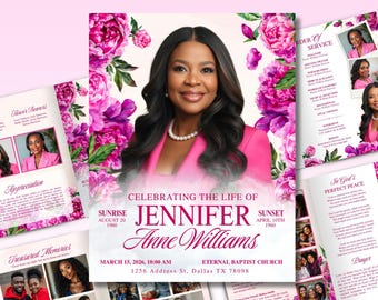 Puede incluir: Un programa de servicio conmemorativo con un retrato de una mujer con un traje rosa, rodeado de motivos florales rosas y morados. El texto dice "Celebrando la vida de Jennifer Anne Williams" con fechas y detalles de la ubicación. Páginas adicionales con fotos y texto.