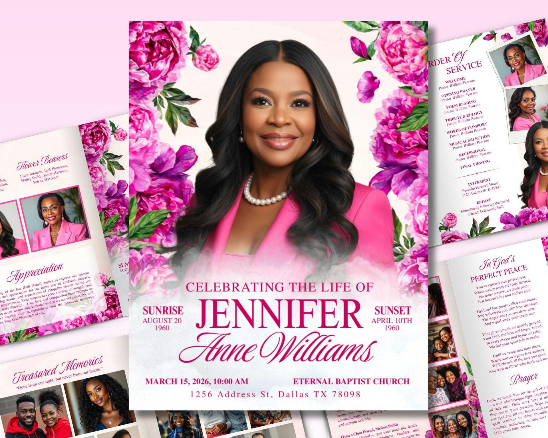Pink Roses Funeral Program Template: Celebration of Life, Memorial ...