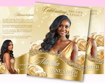 Gold Roses Funeral Program Template: 8-Page Memorial (Canva Template)