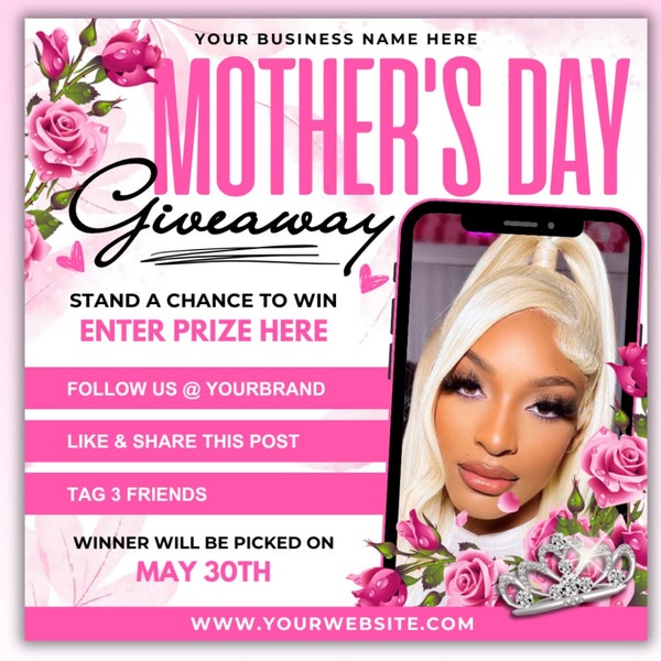 Mother's Day Giveaway Flyer, Mother's Day Raffle, Mothers Day Give Away, Mothers Day Special Hair Braids Makeup Nails Lash Wigs MUA Facial