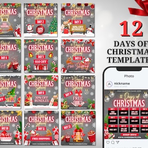 May include: Twelve days of Christmas social media post templates with a gray background and red and gold accents. Each template features a different day of Christmas with a special offer, such as free shipping, discounts, and free gifts. The templates are designed for use on Instagram and other social media platforms.
