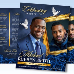 Navy Blue & Gold Funeral Program Template: 8-Page Memorial (Canva Template)