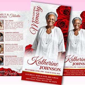 May include: A funeral program with a white background and red roses. The program features a photo of Katherine Johnson, the text "In Loving Memory", and the dates "December 12th, 1950 - March 20th, 2024". The program also includes the text "Katherine Johnson" in large red letters and the text "Saturday, March 25th, 2025, 9:00 AM, Grace Memorial Church, 1044 Street Name, Detroit, MI 45678".