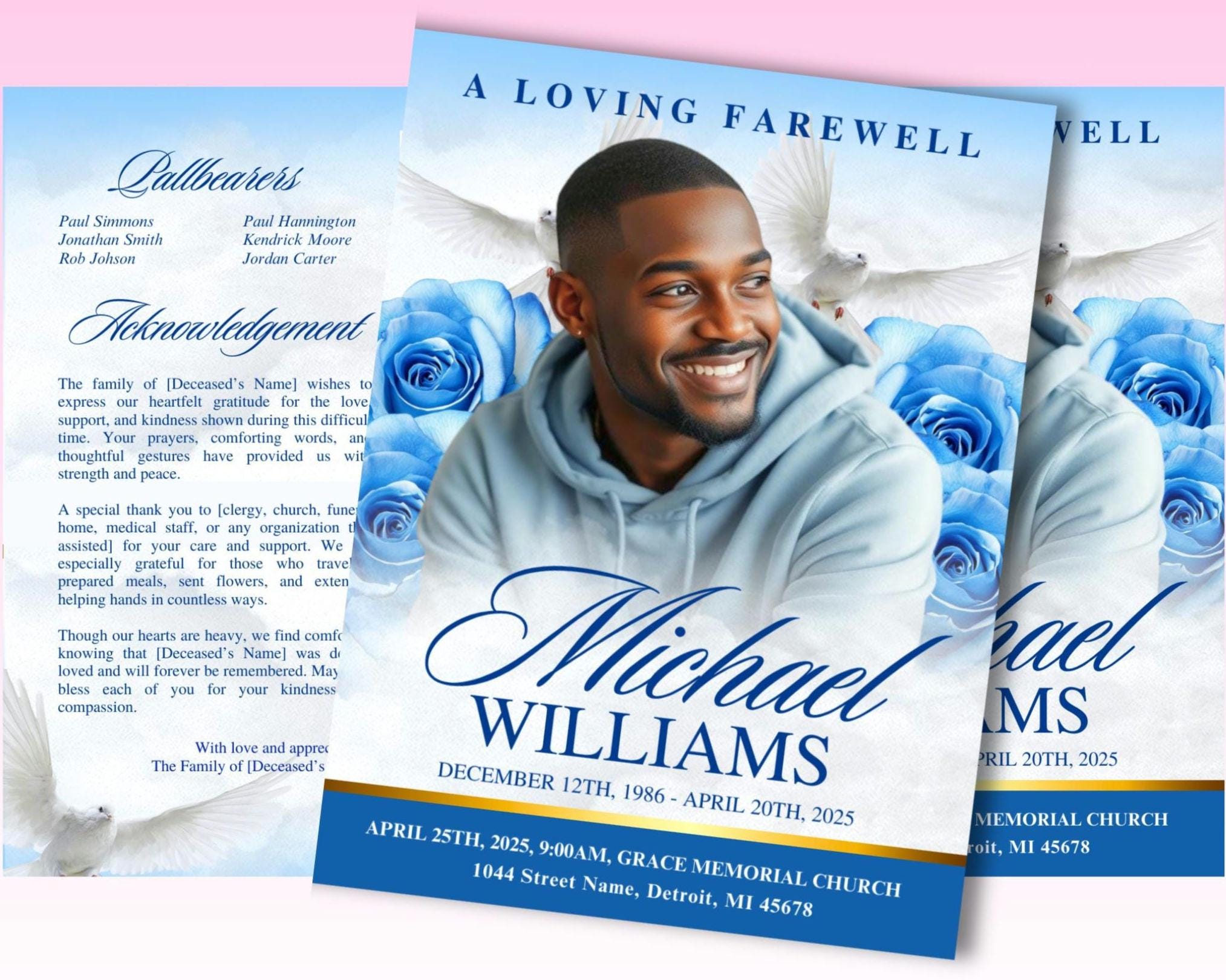 Blue and Silver Obituary Template - Etsy New Zealand, image size:2027x1621