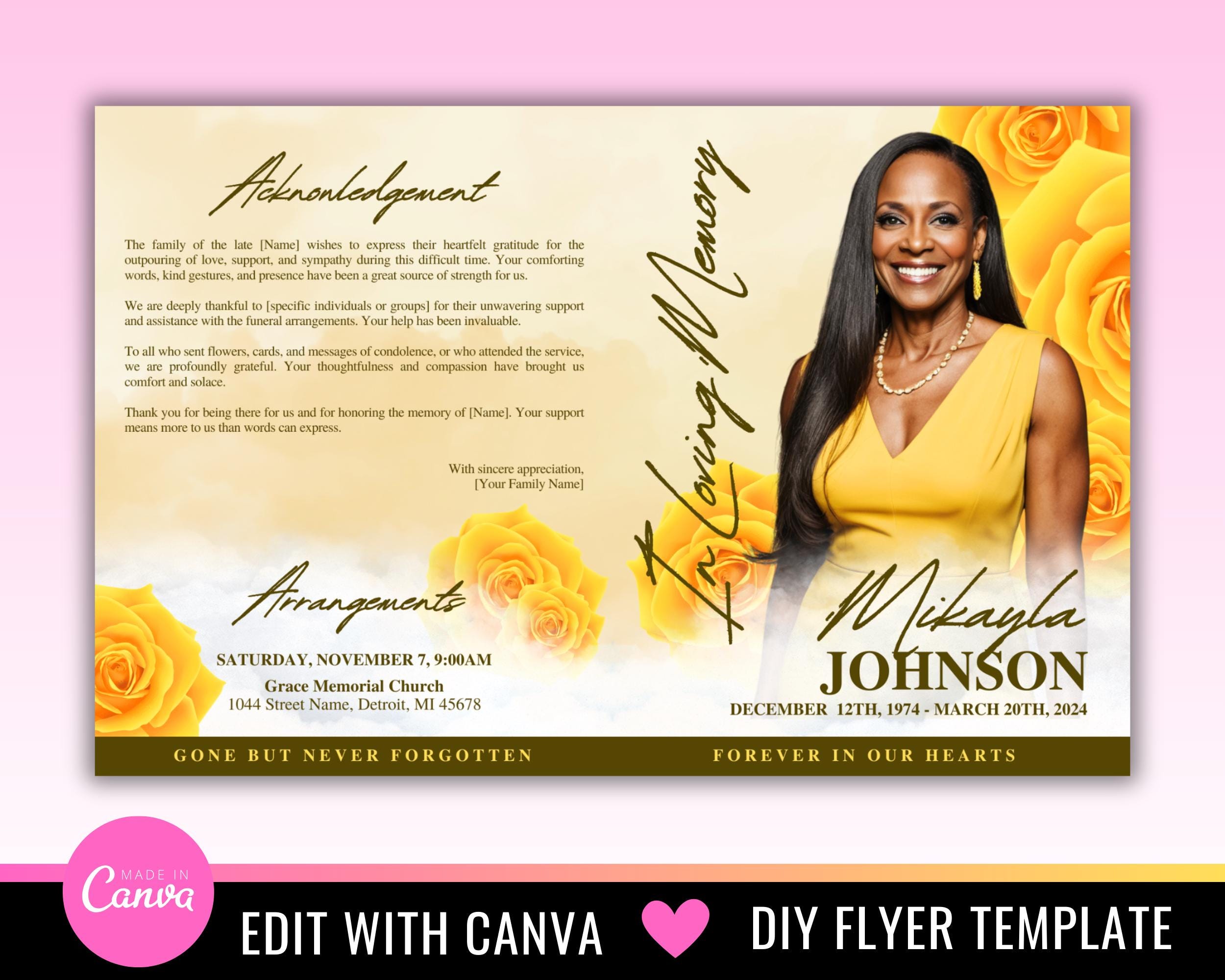 Yellow Roses Funeral Vector Yellow Roses Funeral Program Template: 8-page Obituary Booklet (canva ...